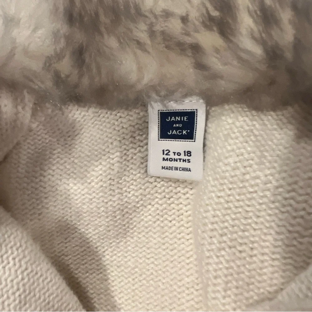Janie & Jack Baby Girl Faux Fur Collar Cardigan Ivory White Bow Pocket 12-18m